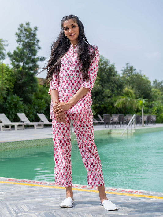 White Ethnic Print Cotton Loungewear Set with Side Pockets