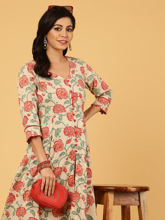 Red Floral Print Cotton Anarkali Kurta