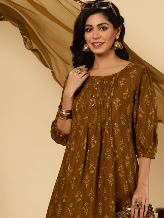 Brown Dola Silk Pleated Bandhani Kurta With Palazzo And Dupatta