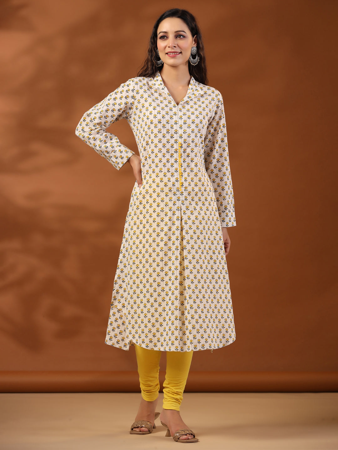 Yellow Ethnic Printed Cotton Lurex Kurta