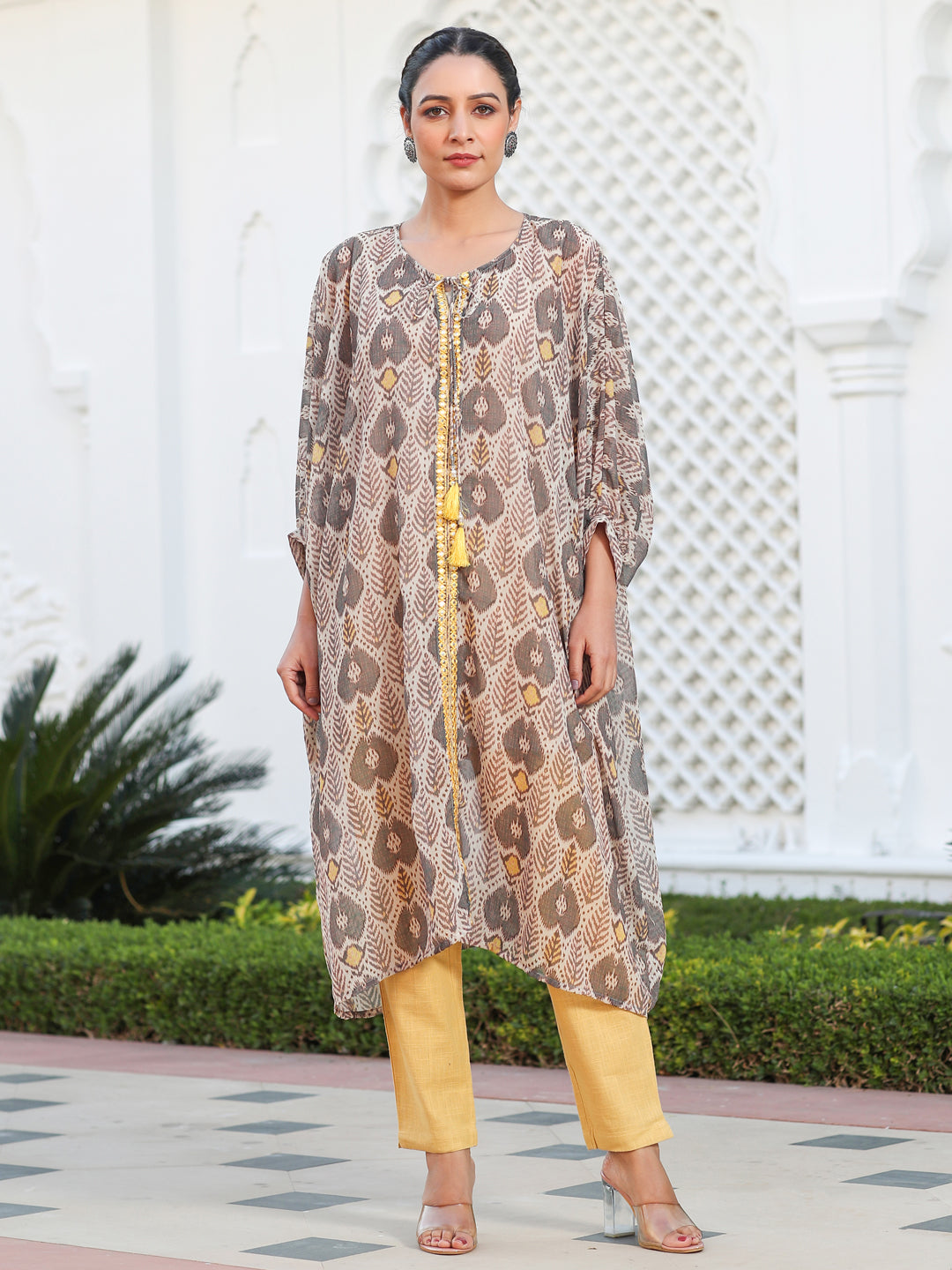 Multi Color Mirror Work Embroidered Georgette Kaftan With Tassels And Slip