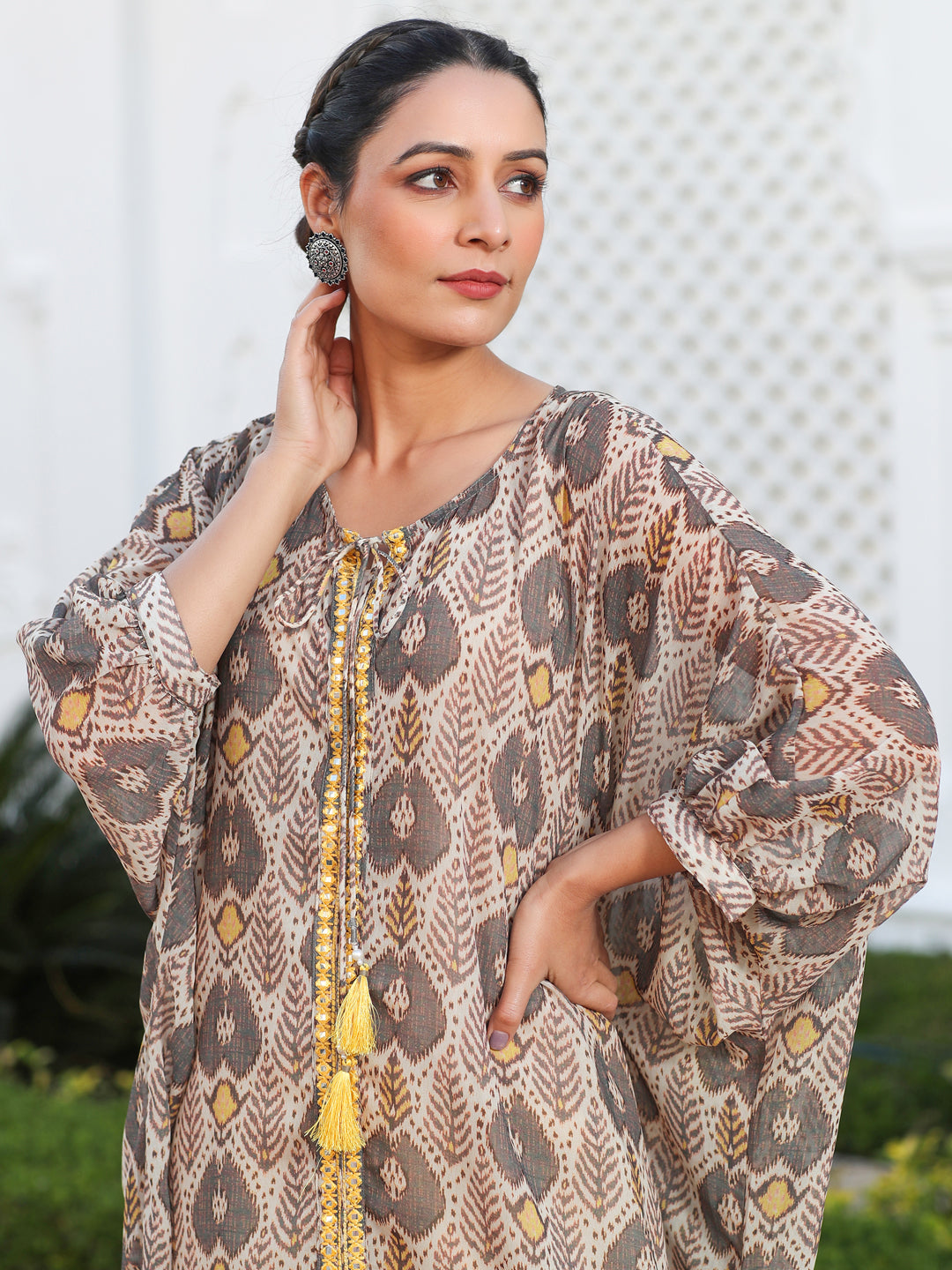 Multi Color Mirror Work Embroidered Georgette Kaftan With Tassels And Slip