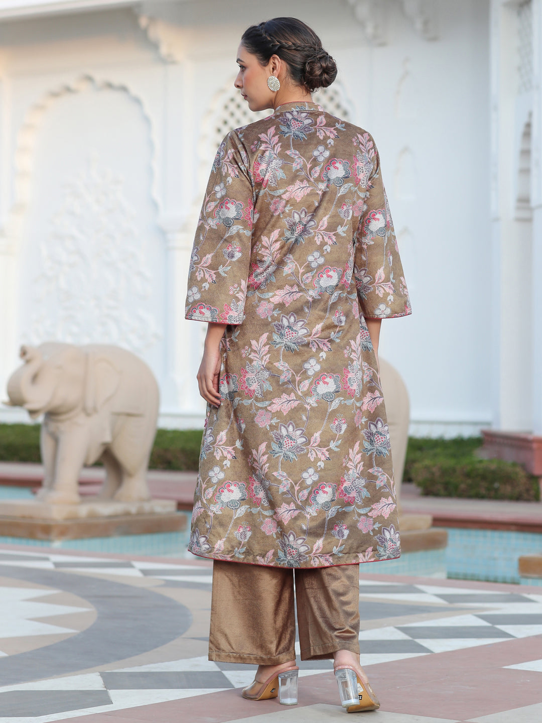 Beige Printed Embroidered Velvet Straight Kurta Paired With Solid Velvet Palazzo