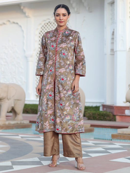 Beige Printed Embroidered Velvet Straight Kurta Paired With Solid Velvet Palazzo