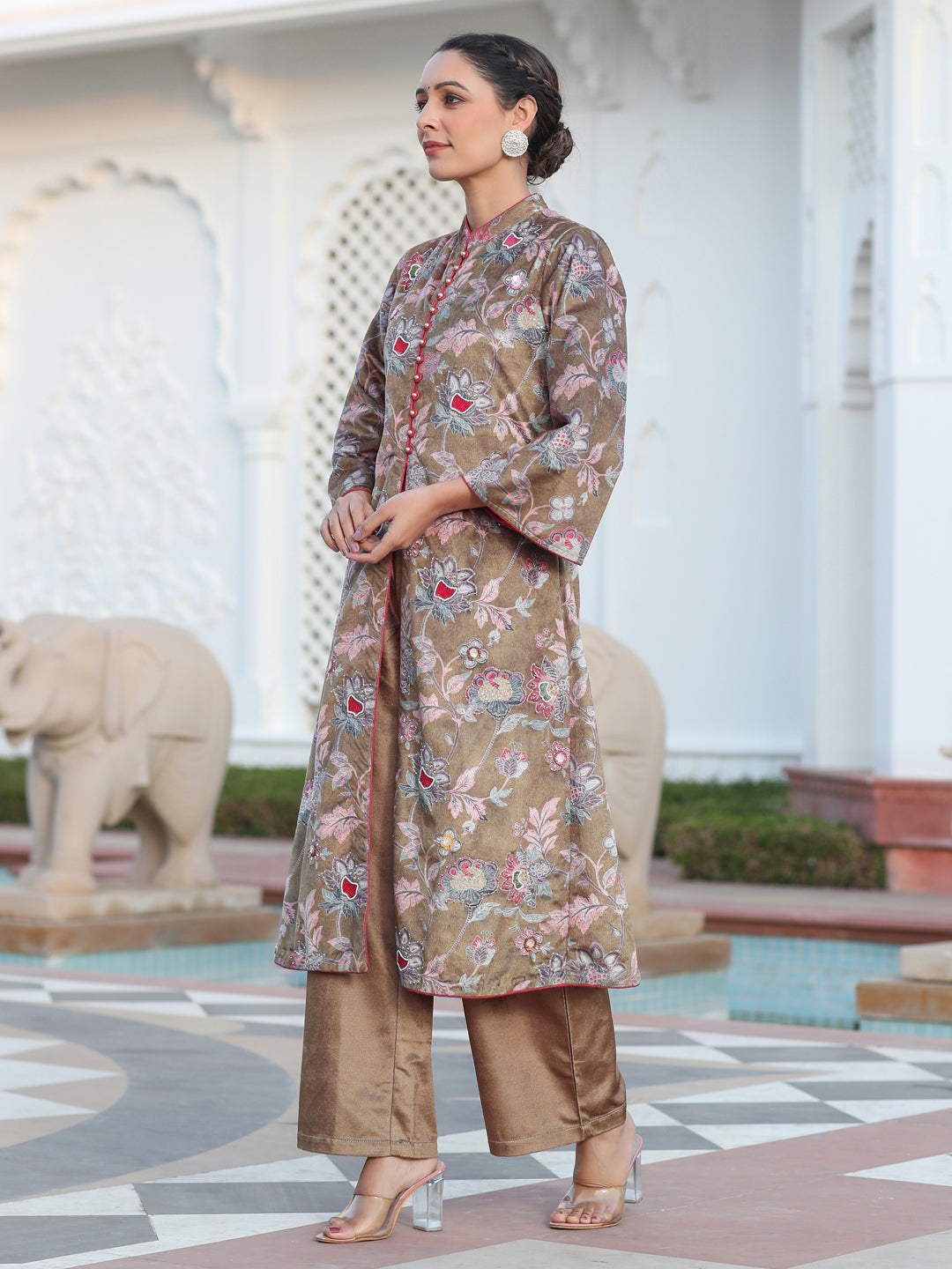Beige Printed Embroidered Velvet Straight Kurta Paired With Solid Velvet Palazzo