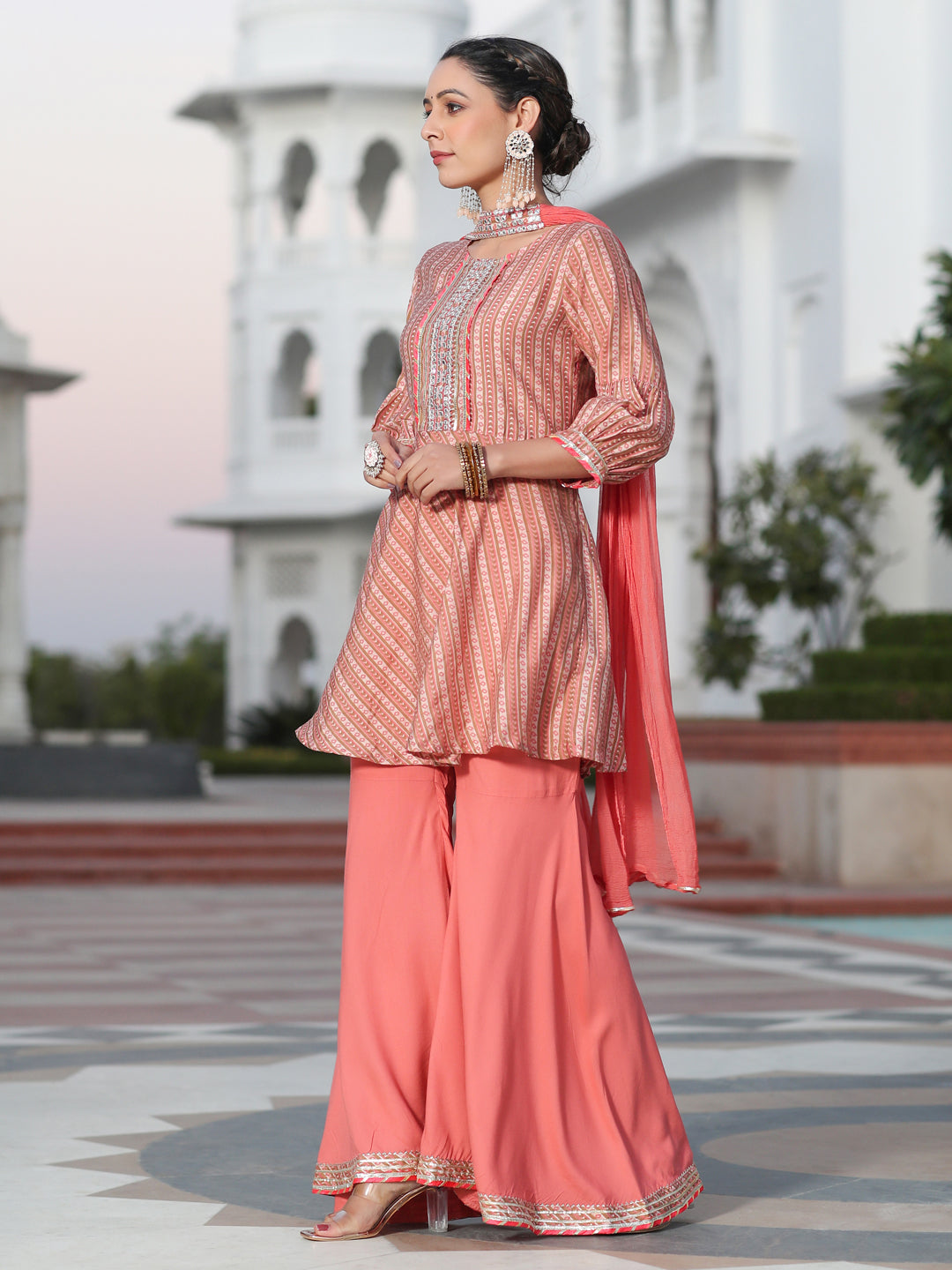 Pink Chnaderi Digital Printed Embroidered Peplum Top With Flared Sold Rayon Palazzo And Chiffon Dupatta