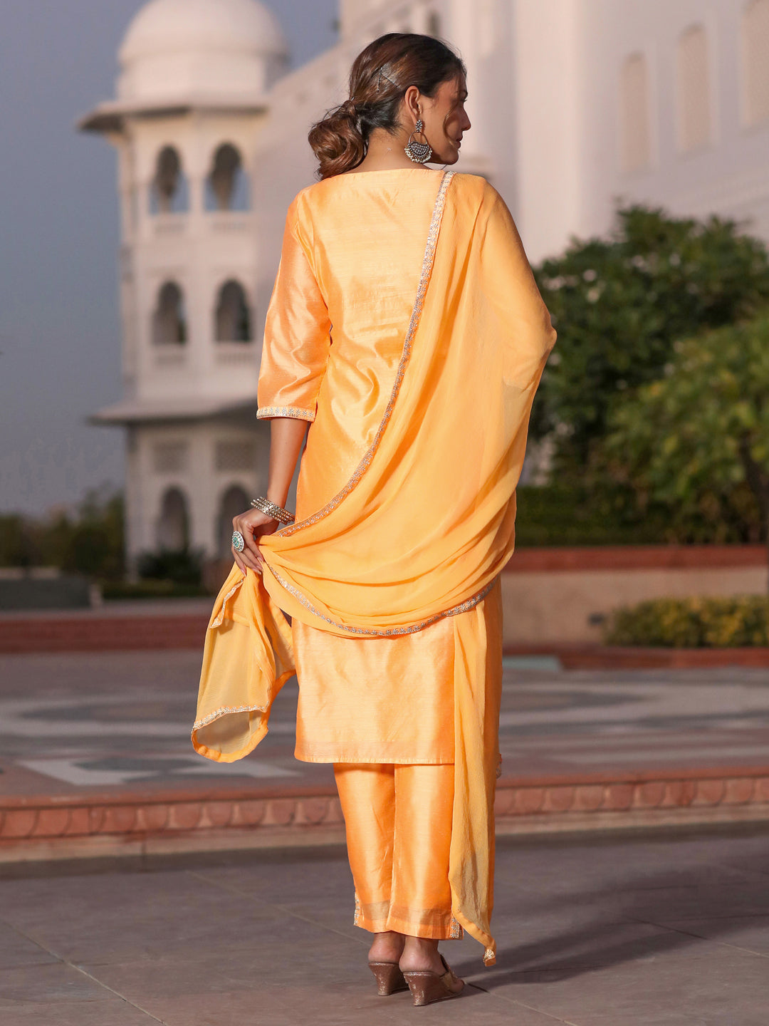 Jaipur Kurti Orange Chanderi Embroidered Kurta With Trousers And Chiffon Dupatta