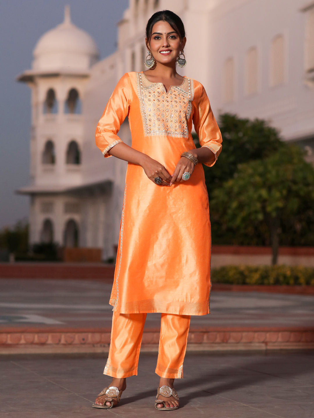Titali Orange Embroidered Stylish Kurti with Black Cotton Pant | Bhadar