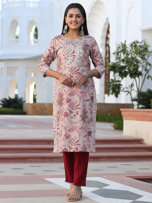 Beige Floral Digital Print Slub Kurta With Sequence Embelished In Yoke And Sleeves