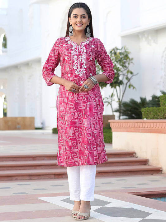 Red Mirror Work Embroidered Muslin Straight Kurta With White Cotton Straight Fit Tousers