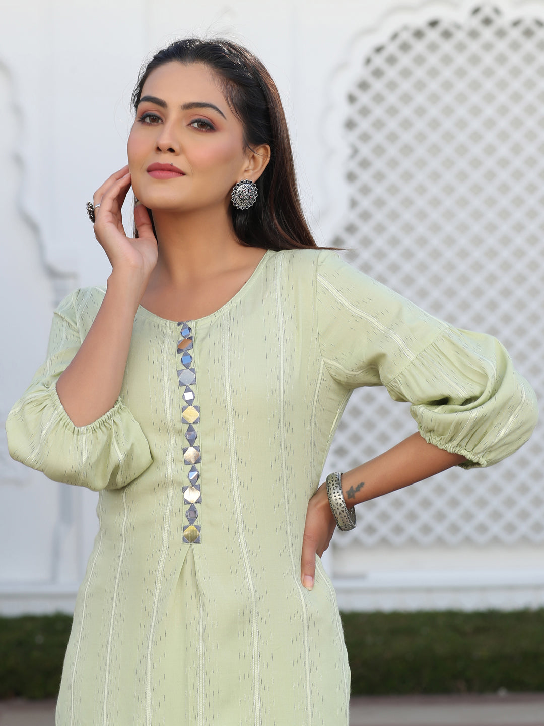 A Green Self Weave Rayon Co-Ord Set With Embroidered Kurta And Pants