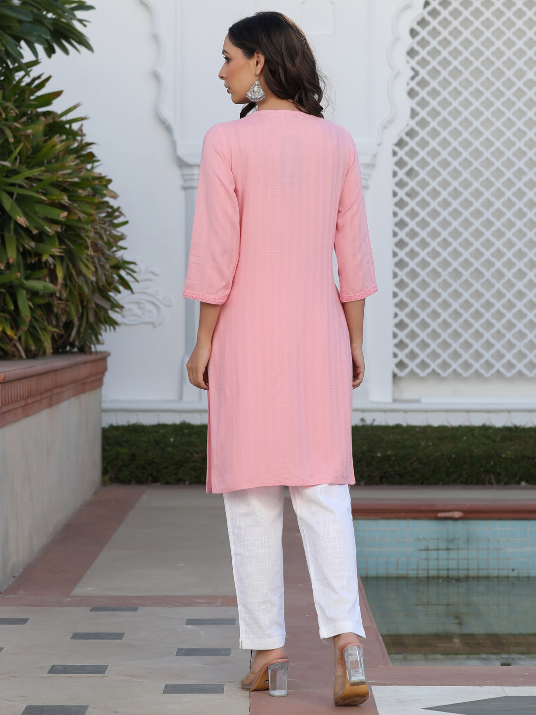 Pink Self Weave Pleated, Laced-Up And Gathered Short Kurta With Tasseles