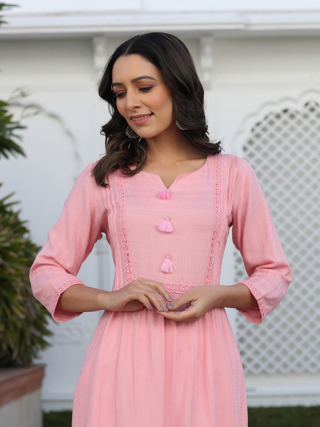 Pink Self Weave Pleated, Laced-Up And Gathered Short Kurta With Tasseles