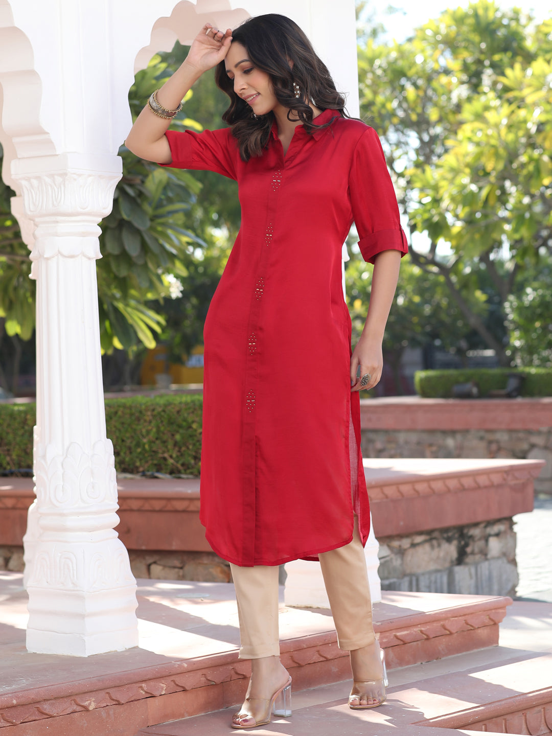 A Red Silk Fabric Embellished Shirt With Roll-Up Elbow Sleeves