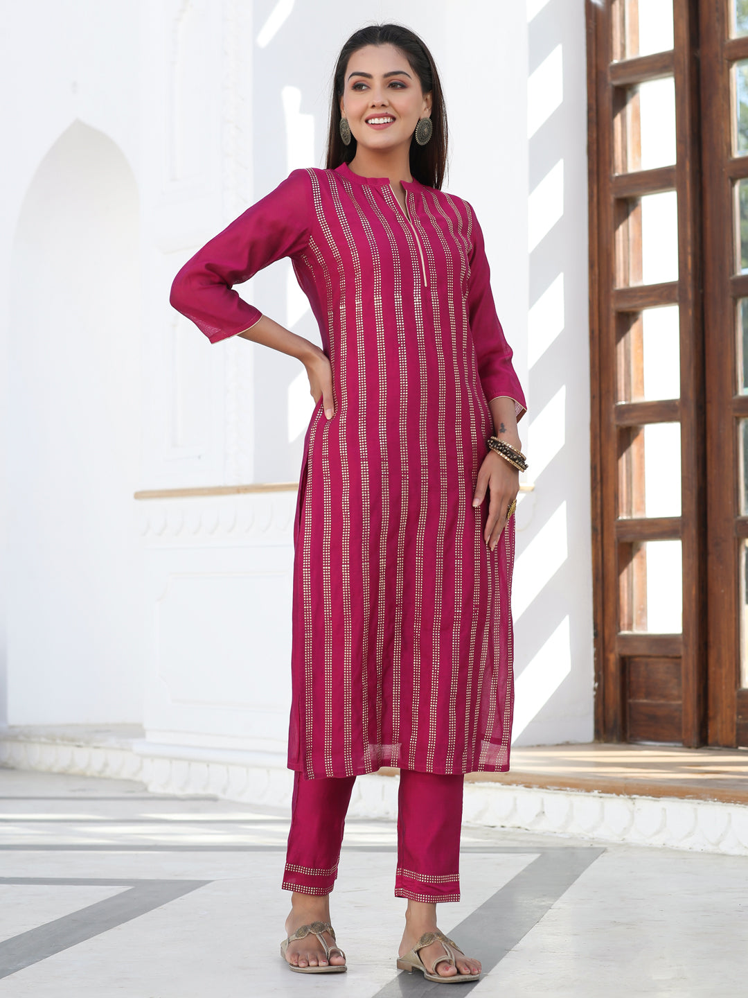 Fuchsia Foil Printed Chanderi Straight Kurta Paired With Solid Pant