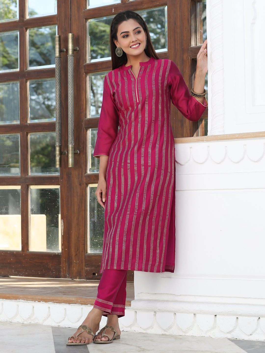 Fuchsia Foil Printed Chanderi Straight Kurta Paired With Solid Pant