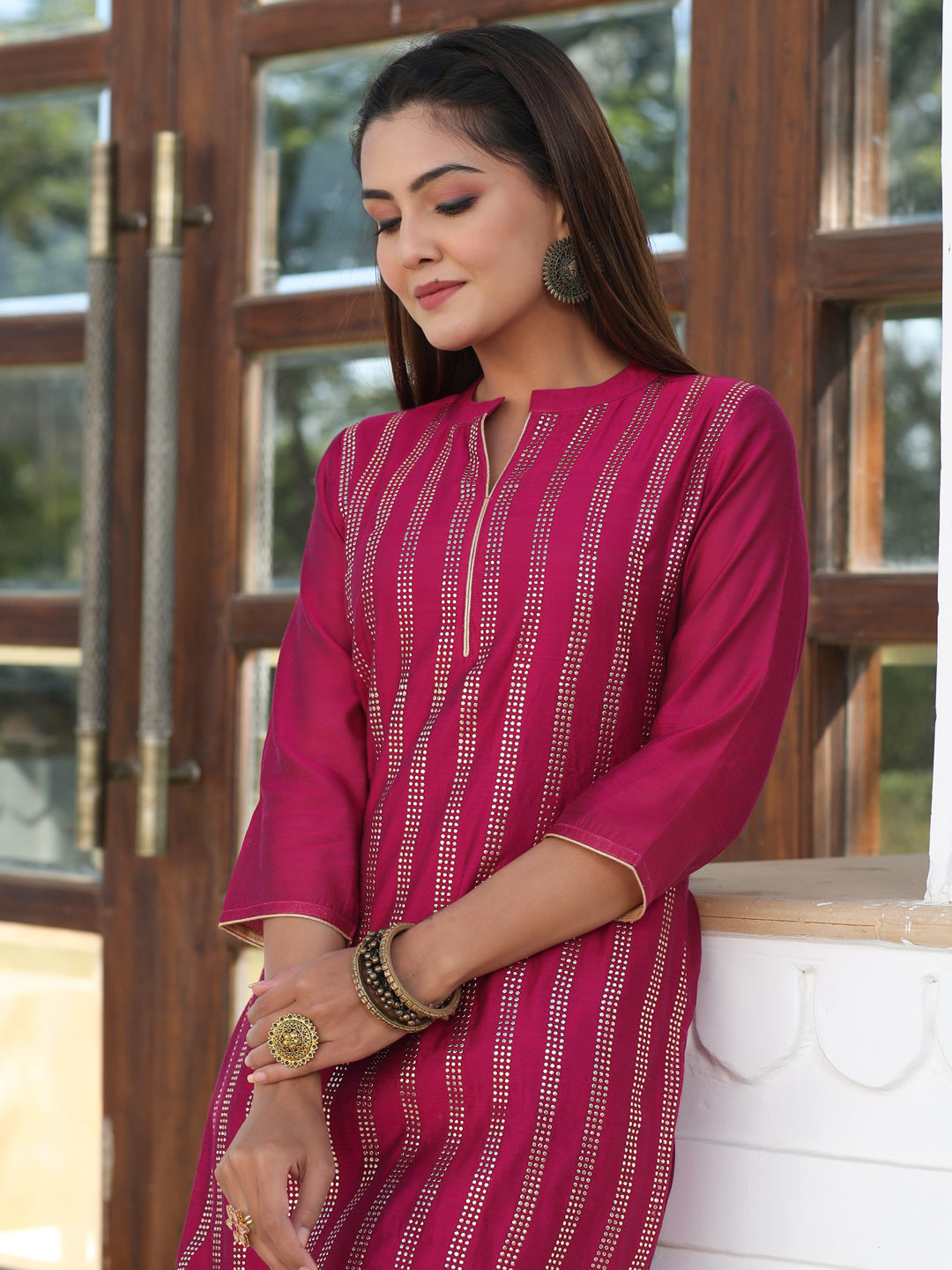 Fuchsia Foil Printed Chanderi Straight Kurta Paired With Solid Pant