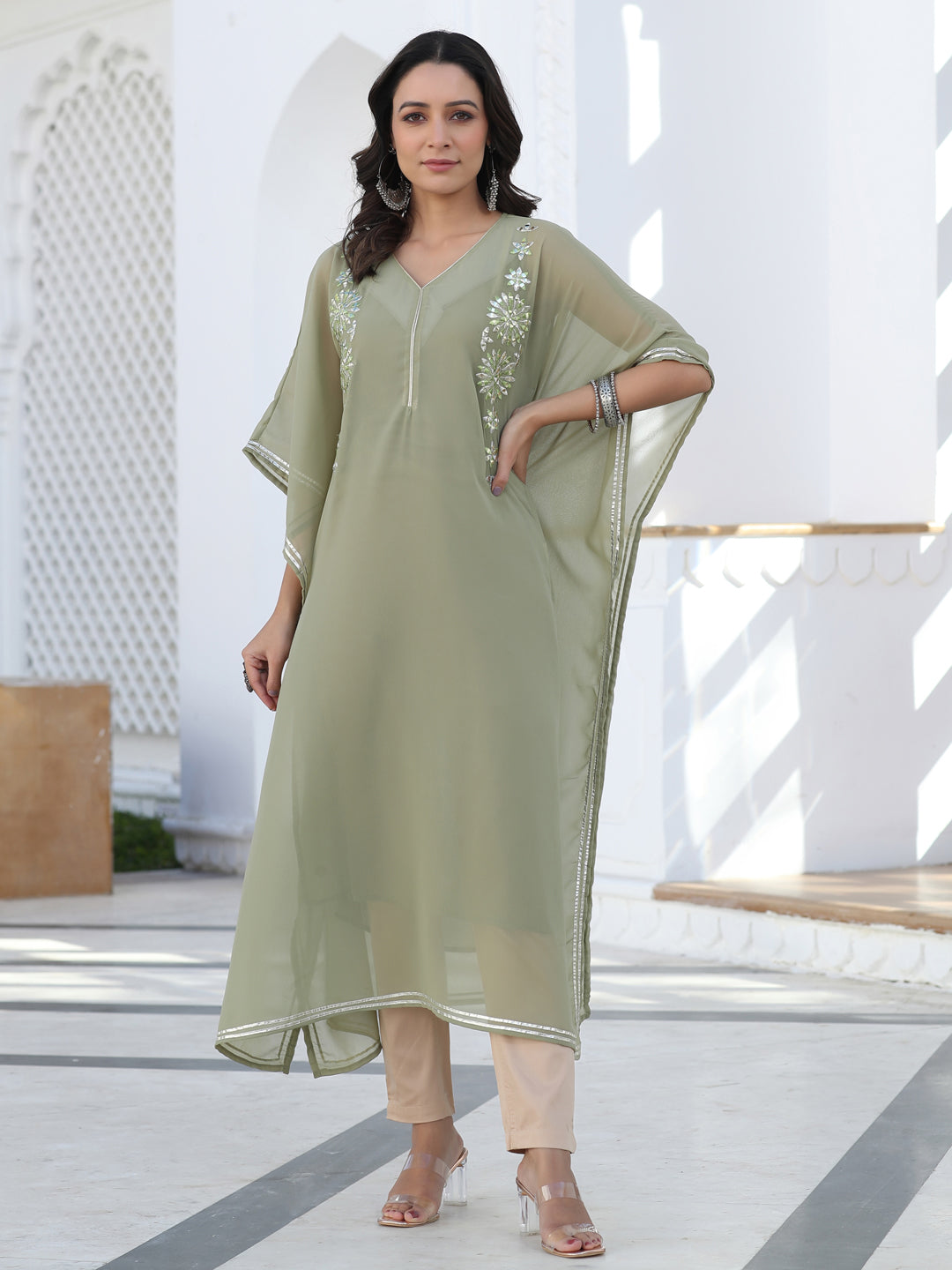 Green Georgette Mirror Work Gota Embellished Kaftan