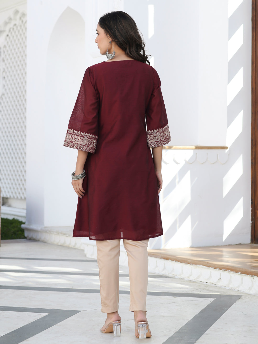 Maroon Embroidered Chanderi Short Kurta