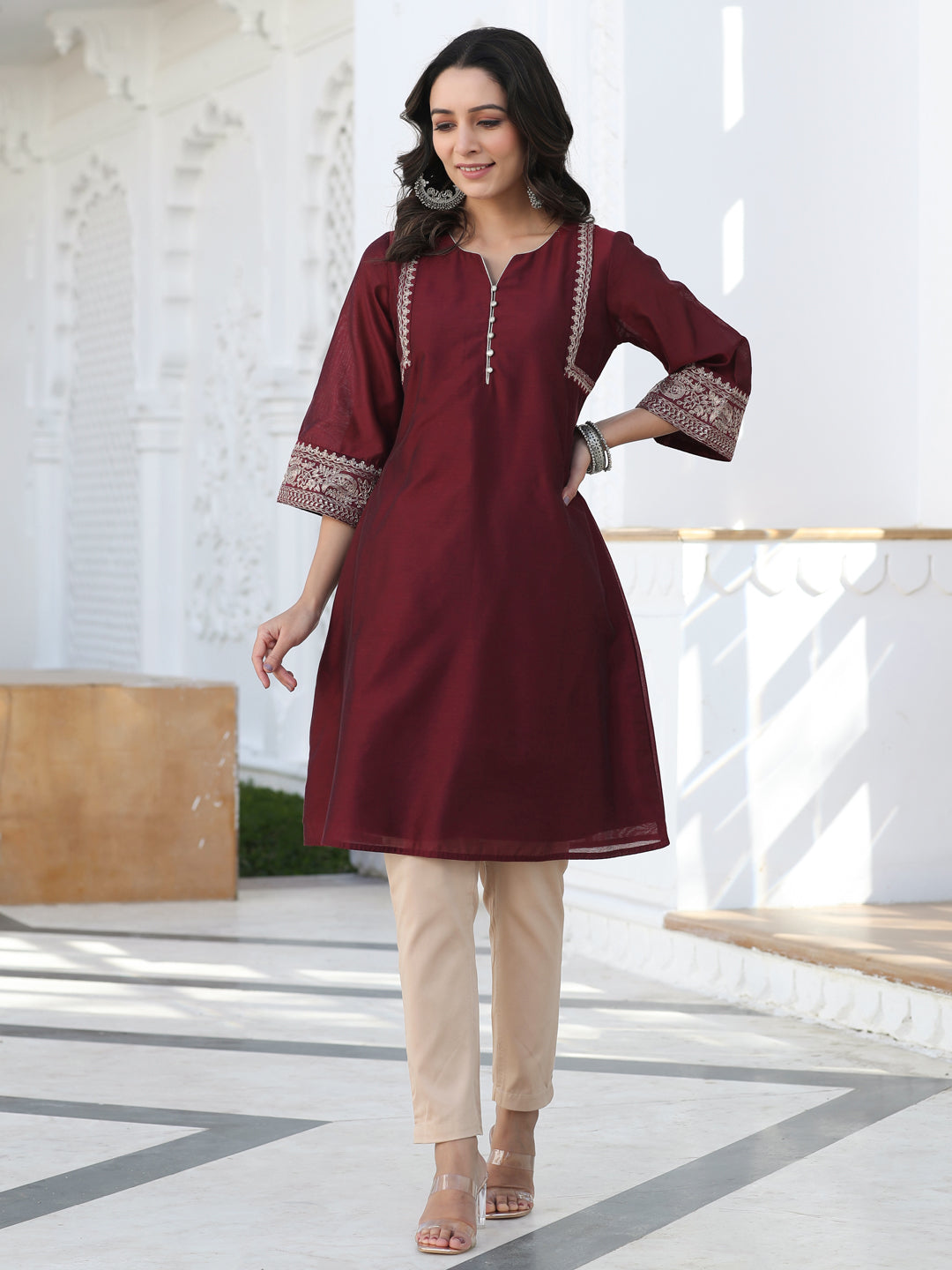 Maroon Embroidered Chanderi Short Kurta