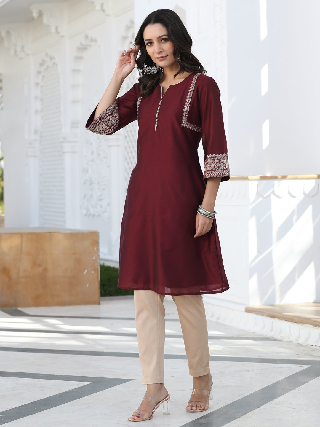 Maroon Embroidered Chanderi Short Kurta