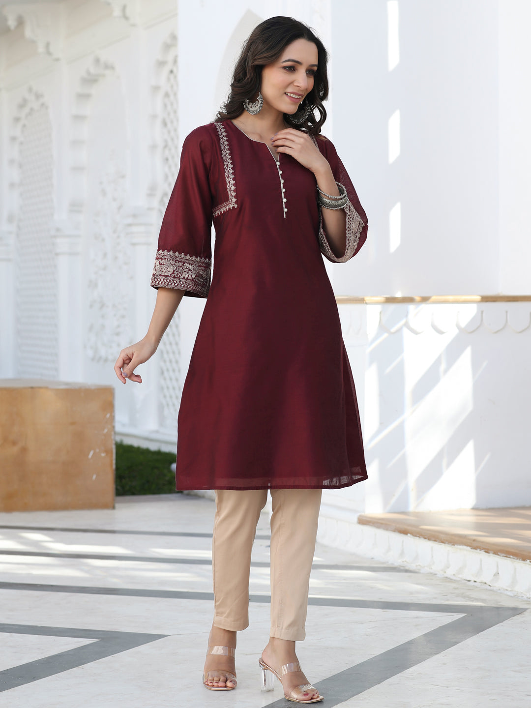 Maroon Embroidered Chanderi Short Kurta