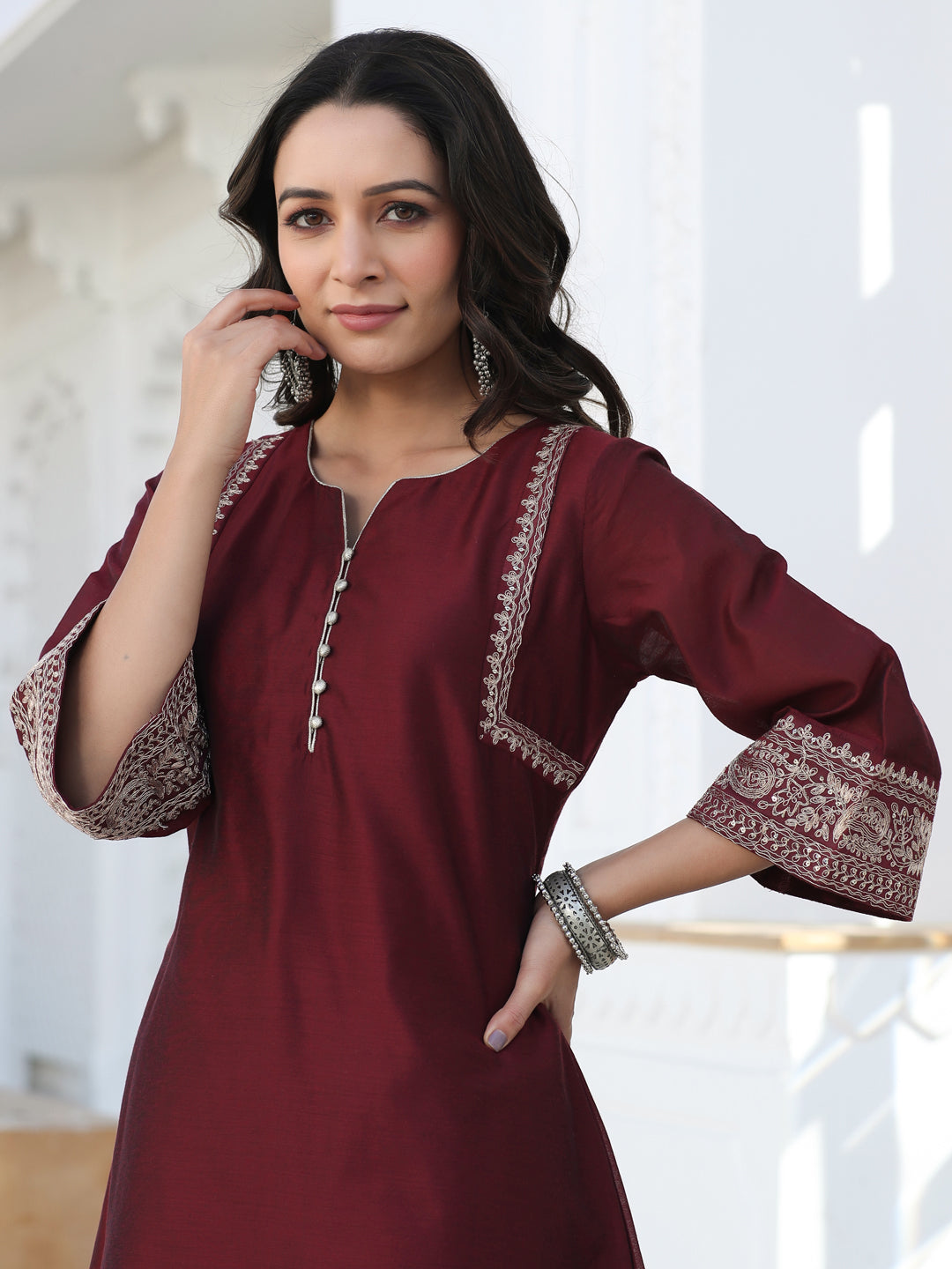 Maroon Embroidered Chanderi Short Kurta