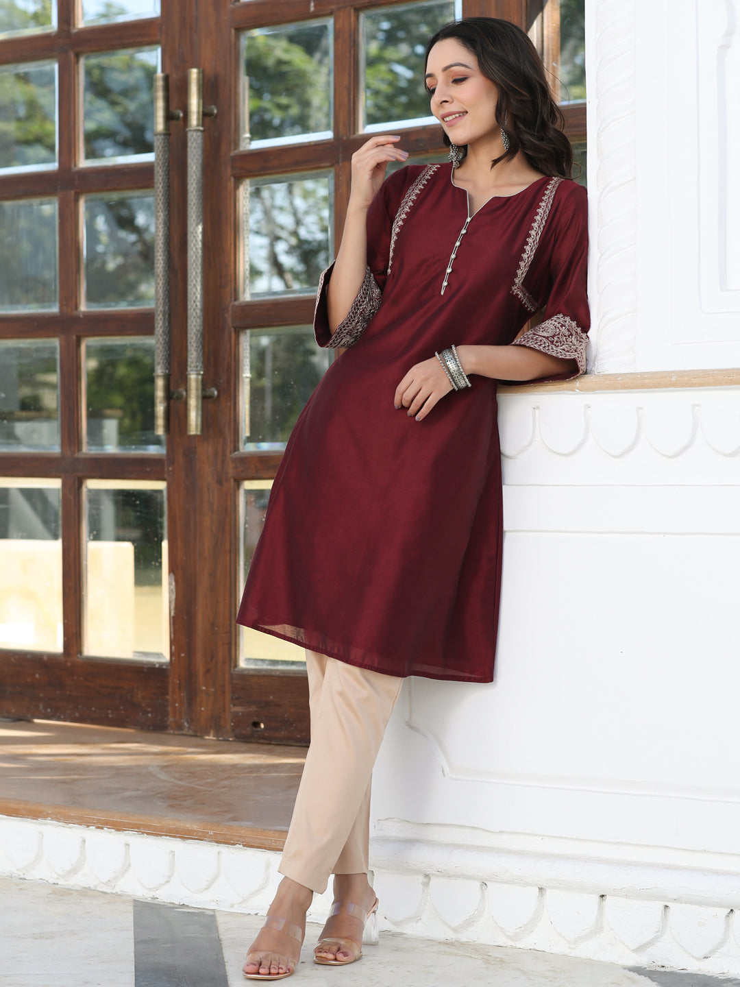 Maroon Embroidered Chanderi Short Kurta