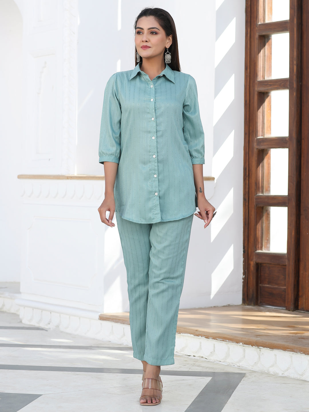 Sea Green Sequence Embellished Shirt With Embellished Pants Co-Ord Set