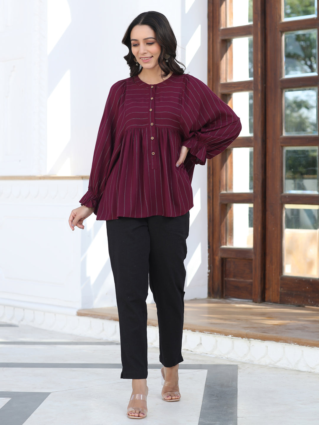 A Maroon Self Weave Rayon Lurex Gathered Top With Elasticated Gathered Sleeves