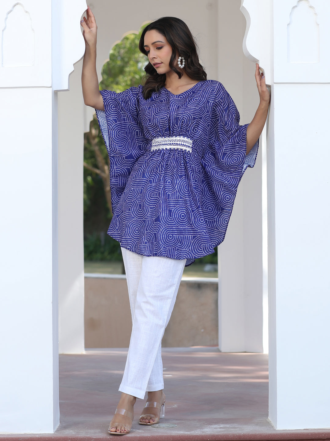 A Blue Embroidered Broach Belt Printed Muslin Kaftan Top With White Cotton Straight Fit Tousers