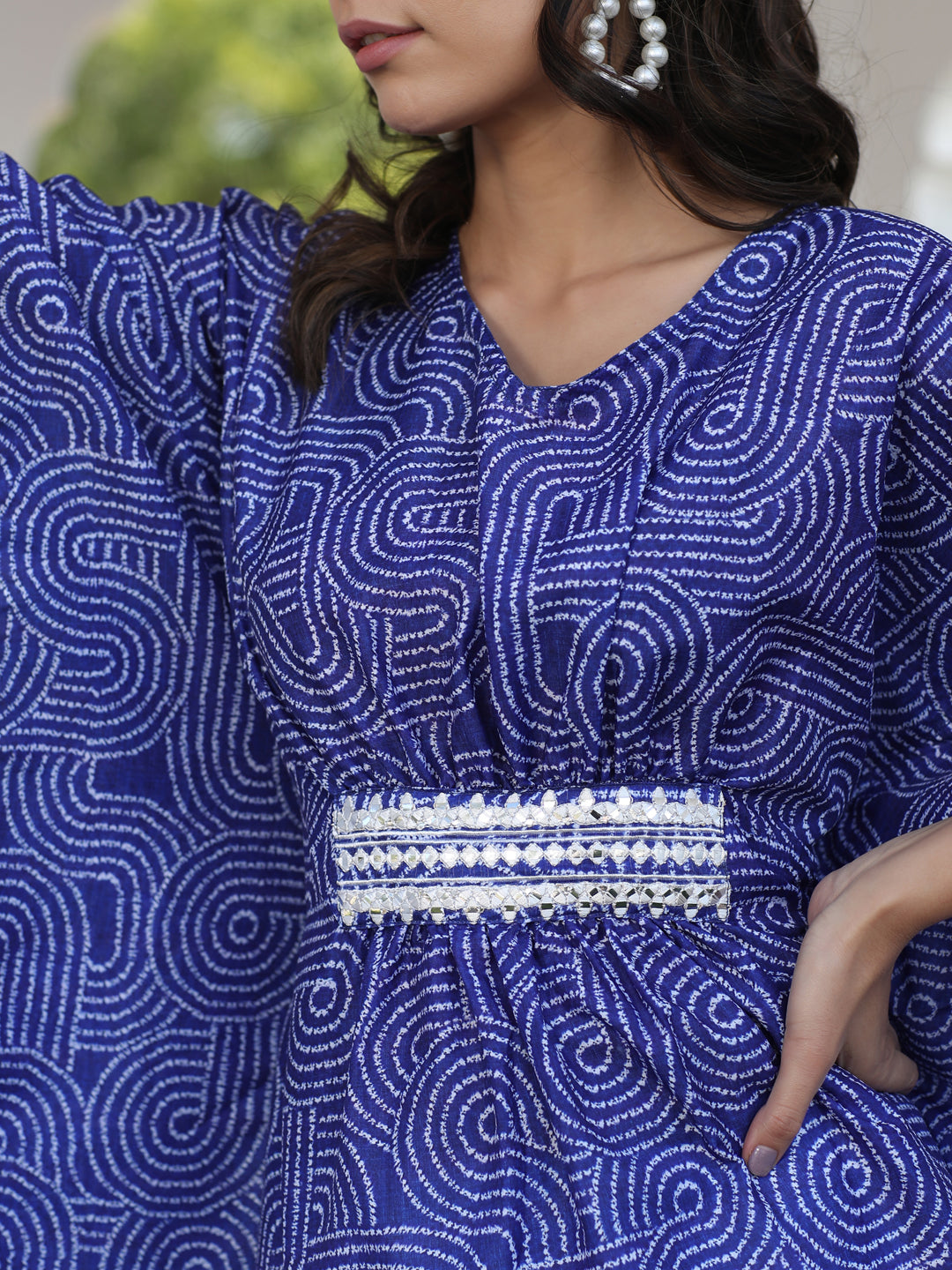 A Blue Embroidered Broach Belt Printed Muslin Kaftan Top With White Cotton Straight Fit Tousers
