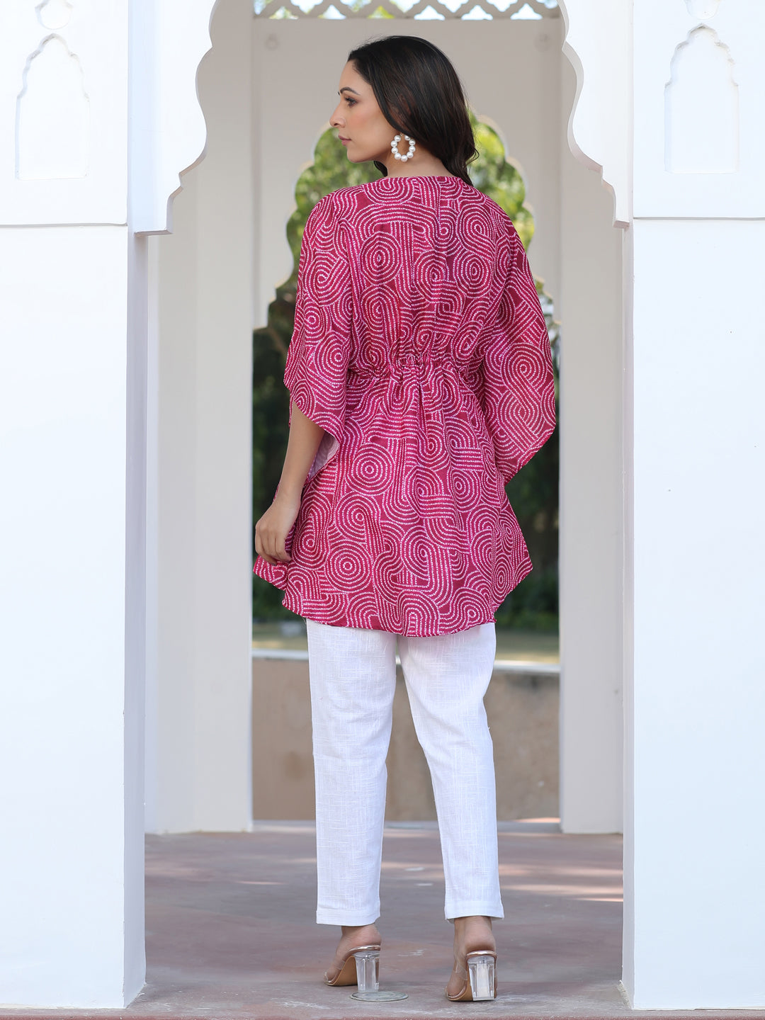 A Red Embroidred Broach Belt Printed Muslin Kaftan Top With White Cotton Straight Fit Tousers