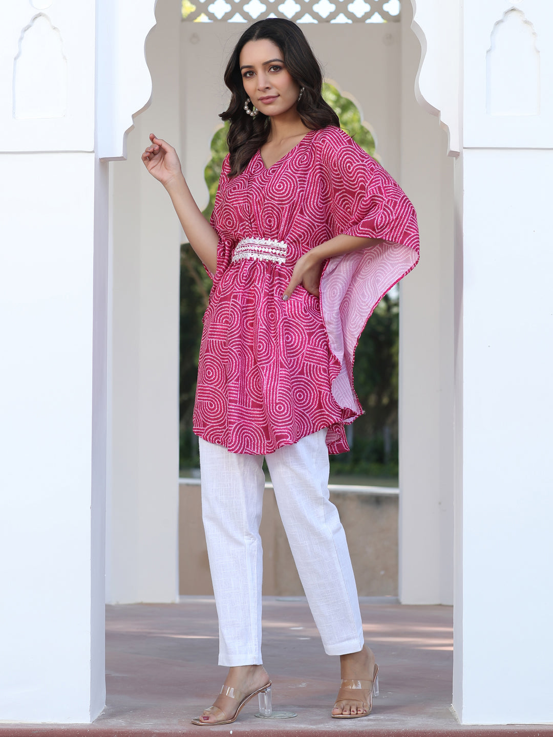 A Red Embroidred Broach Belt Printed Muslin Kaftan Top With White Cotton Straight Fit Tousers