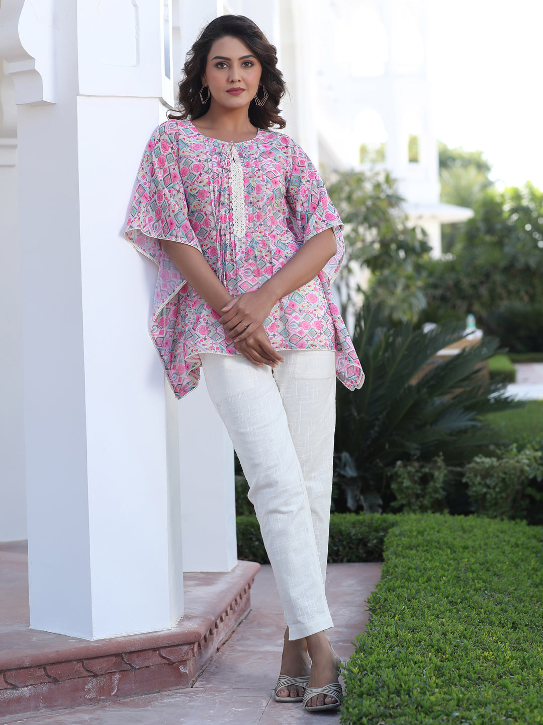 A Pink Geometric Printed Georgette Kaftan Top With Pintucks And Lace Details At The Yoke