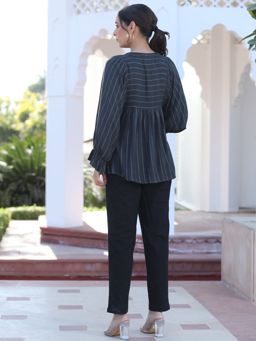 A Grey Self Weave Rayon Lurex Gathered Top With Elasticated Gathered Sleeves With Black Pants