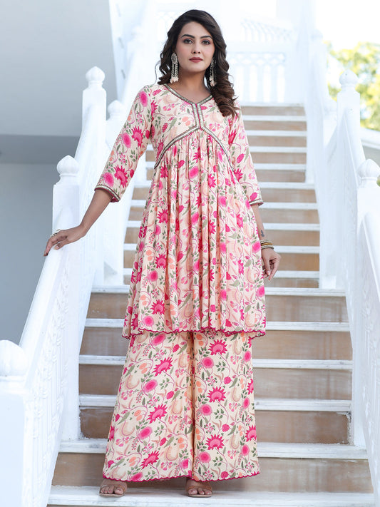 Zardozi Embroidered Peach Silk Printed Kurta With Palazzo