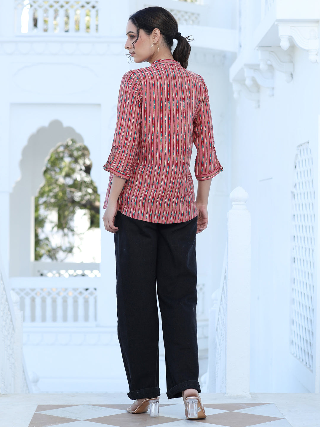 Pink Chanderi Geometric Printed Gathered Shirt