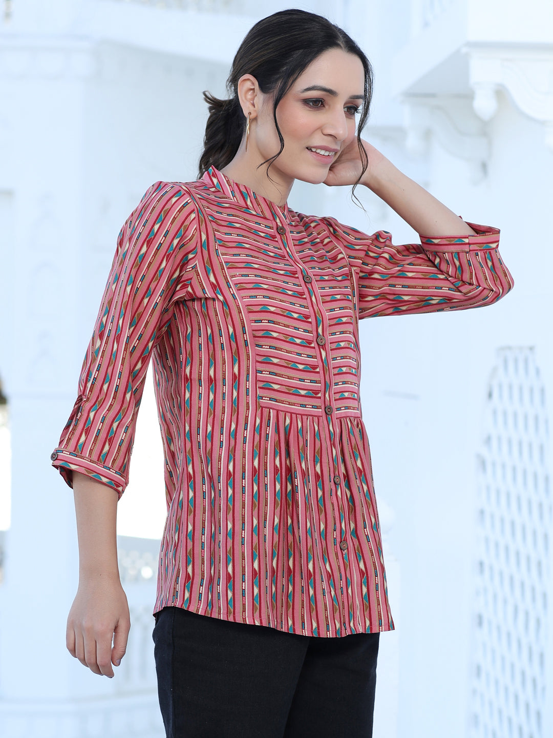 Pink Chanderi Geometric Printed Gathered Shirt