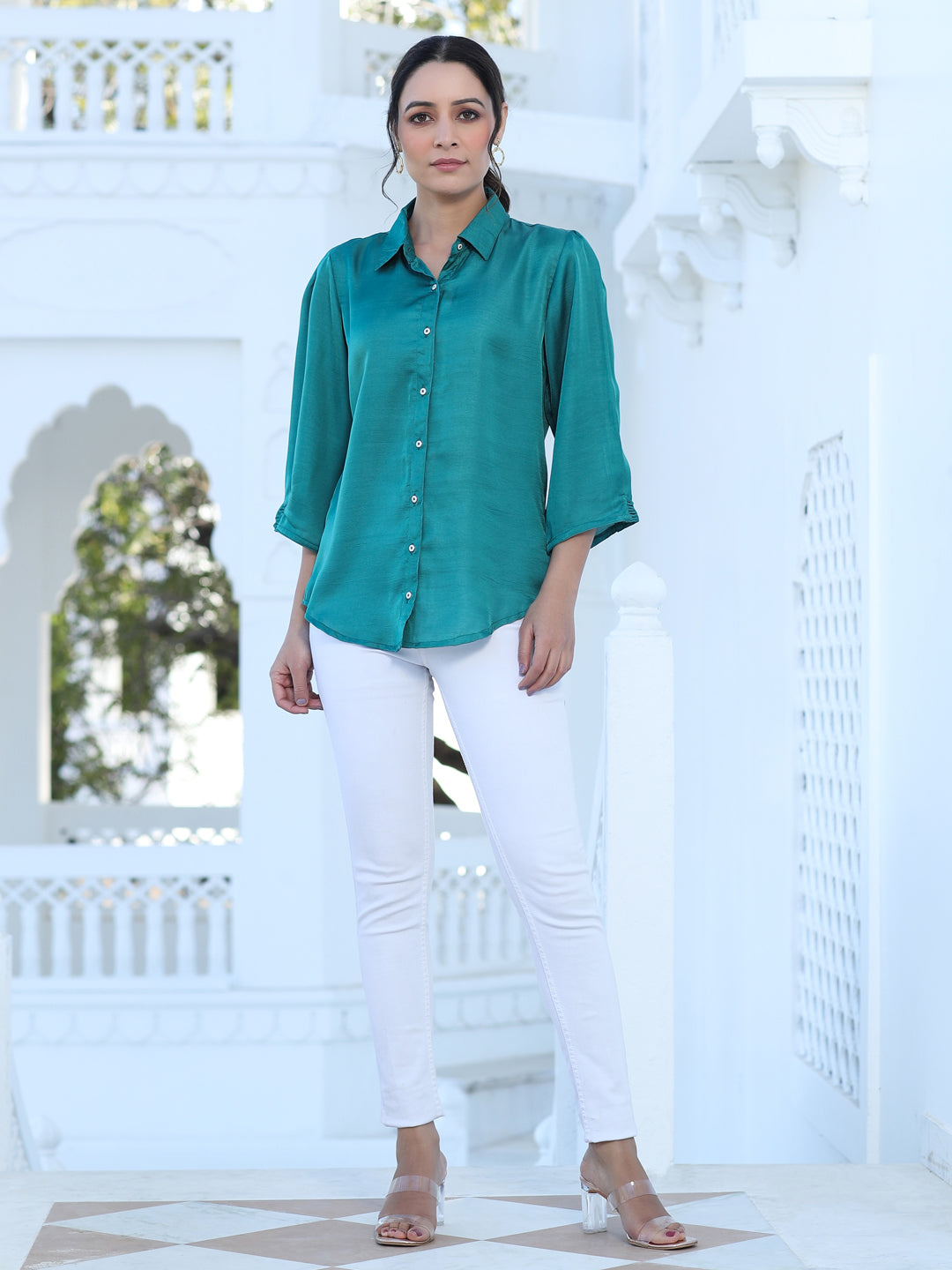 A Green Color Silk Blend Solid Shirt With Puffed Sleeves And Front Opening