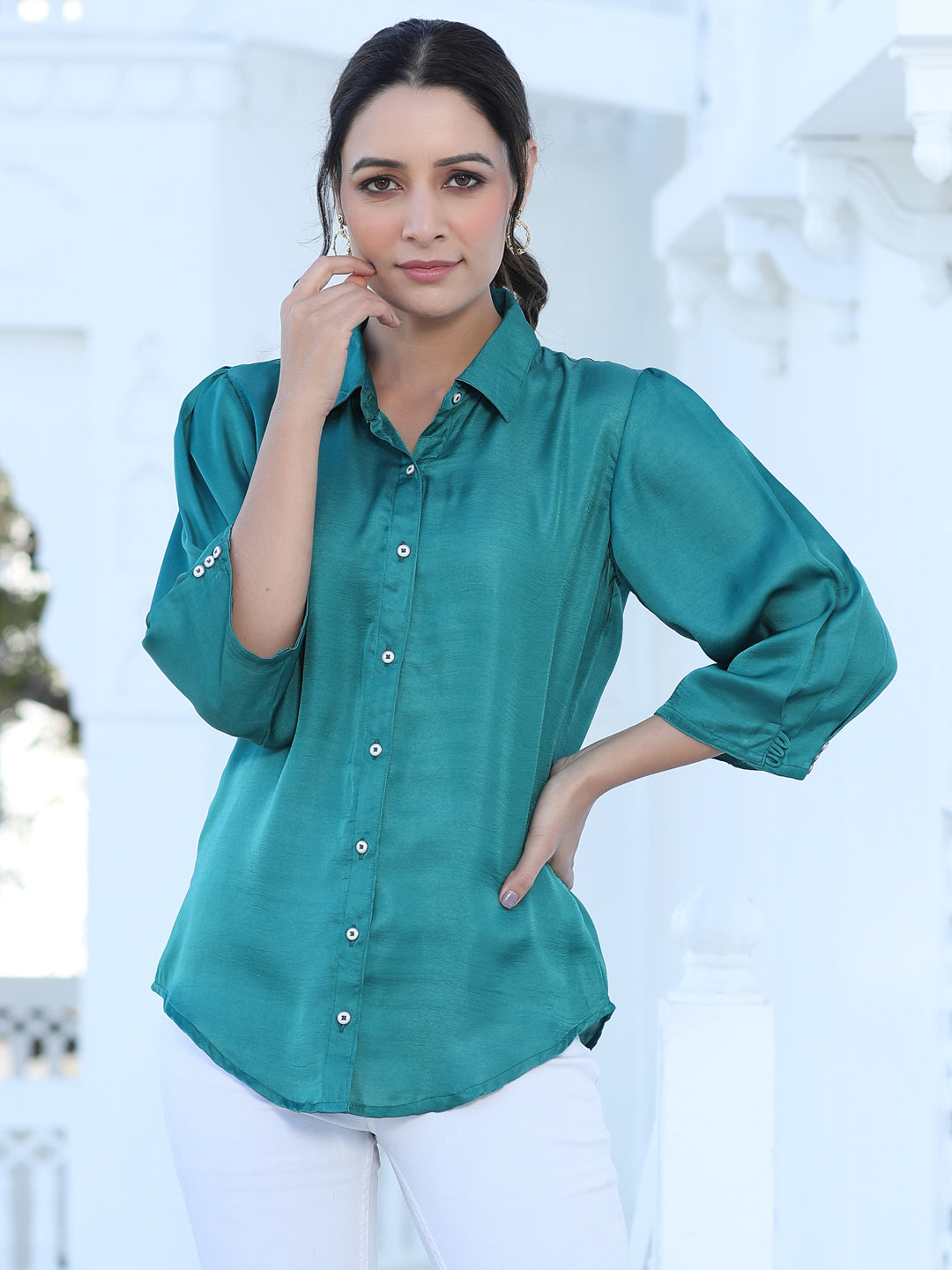A Green Color Silk Blend Solid Shirt With Puffed Sleeves And Front Opening