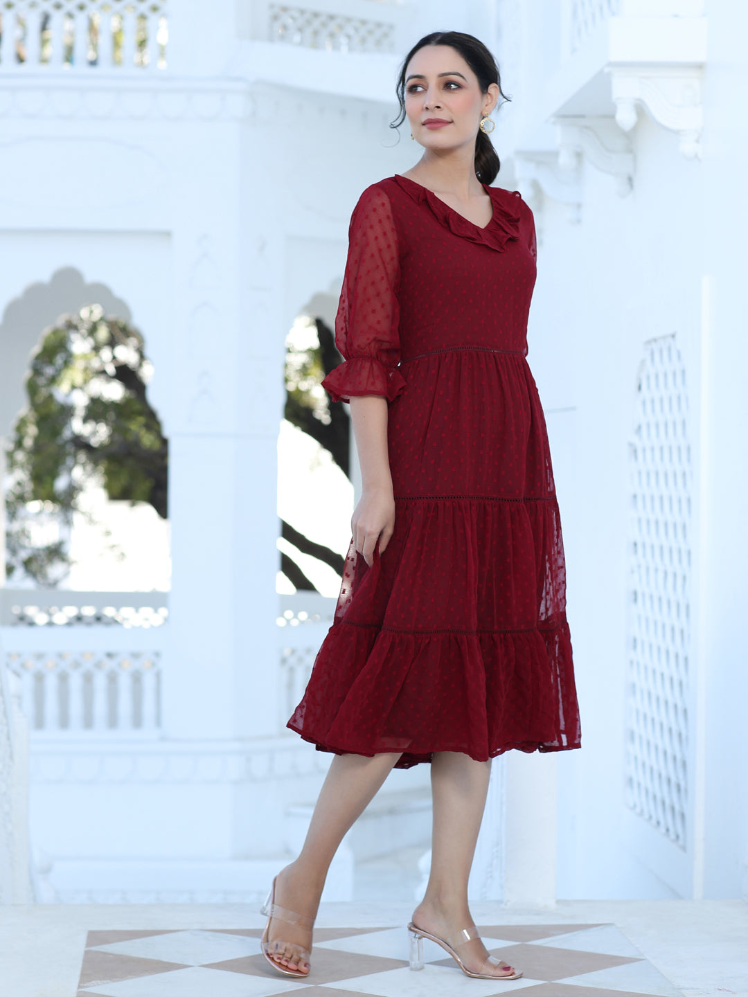 Maroon Color Polka Self Weave Georgette Tiered Lace Inserted Dress