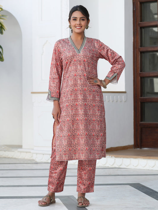 Peach Printed Embroidered Velvet Straight Kurta With Pant