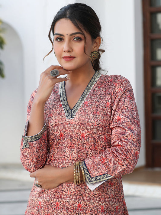 Peach Printed Embroidered Velvet Straight Kurta With Pant