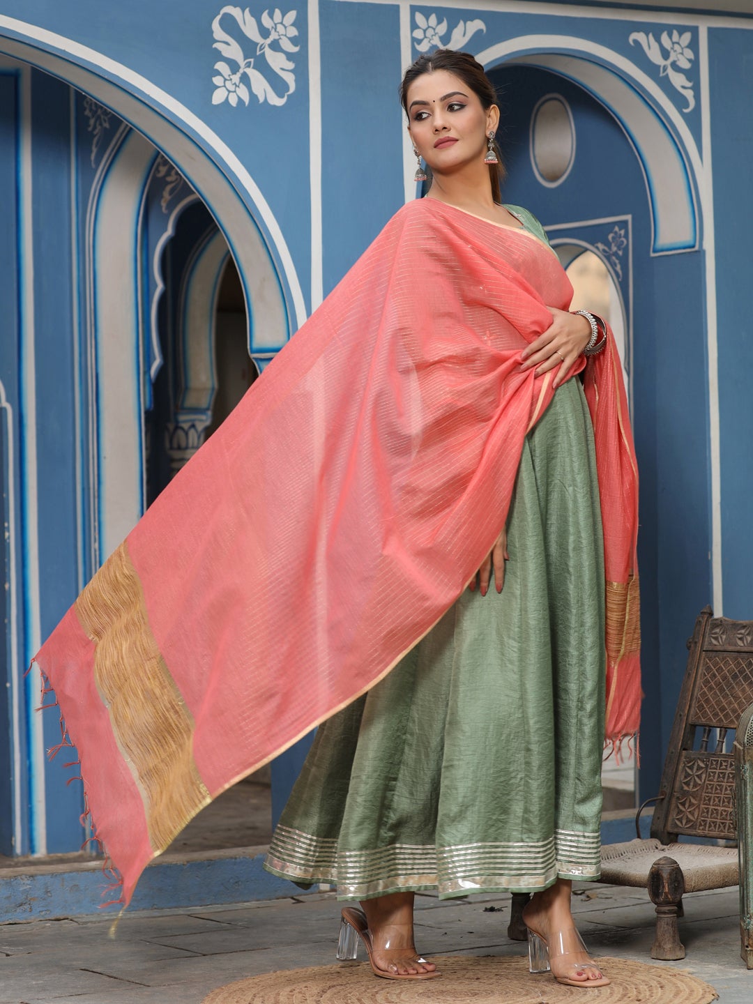 ETHNIC ANARKALI KURTA WITH PEECH DUPATTA