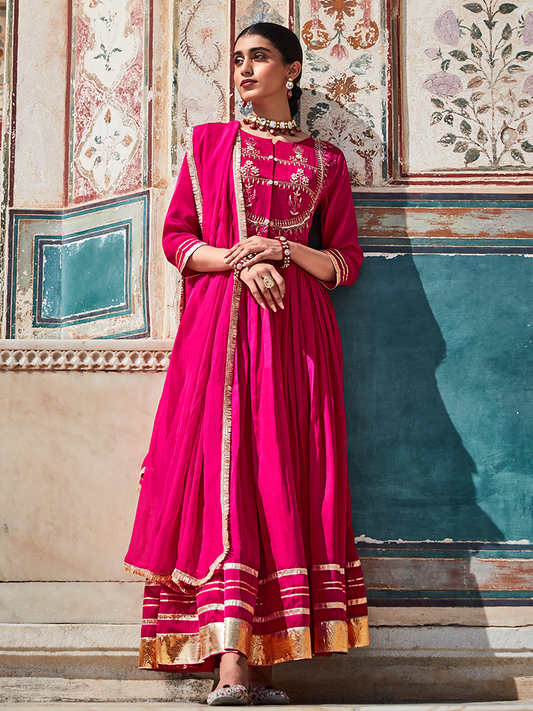 Pink Zardozi Work Floor Length Anarkali Kurta With Organza Embellished Dupatta