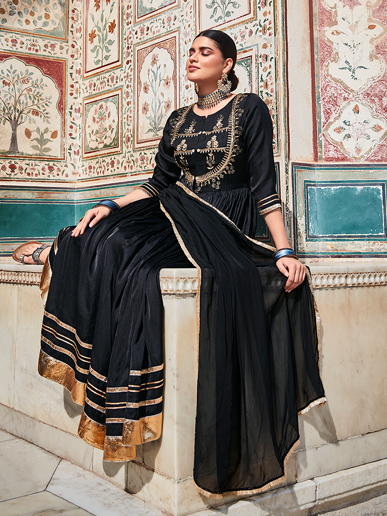 Black Zardozi Work Floor Length Anarkali Kurta With Organza Embellished Dupatta