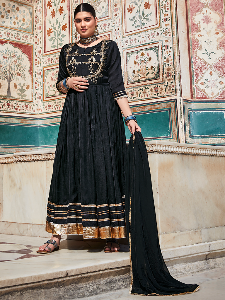 Black Zardozi Work Floor Length Anarkali Kurta With Organza Embellished Dupatta