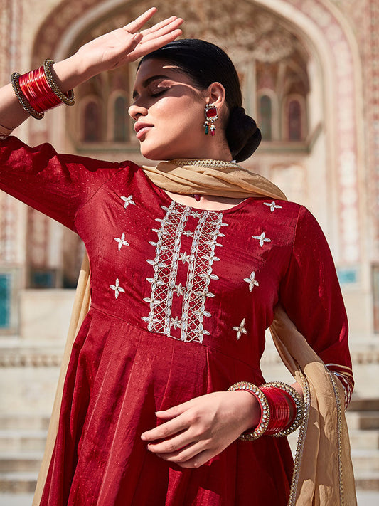Maroon Silk Dobby Embroidered Anarkali Long Kurta With Organza Embroidred Dupatta