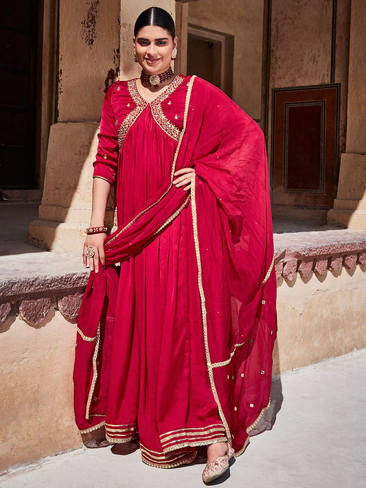 Red Zardosi Embroidered Silk Long Kurta Paired With Embrodiered Organza Dupatta